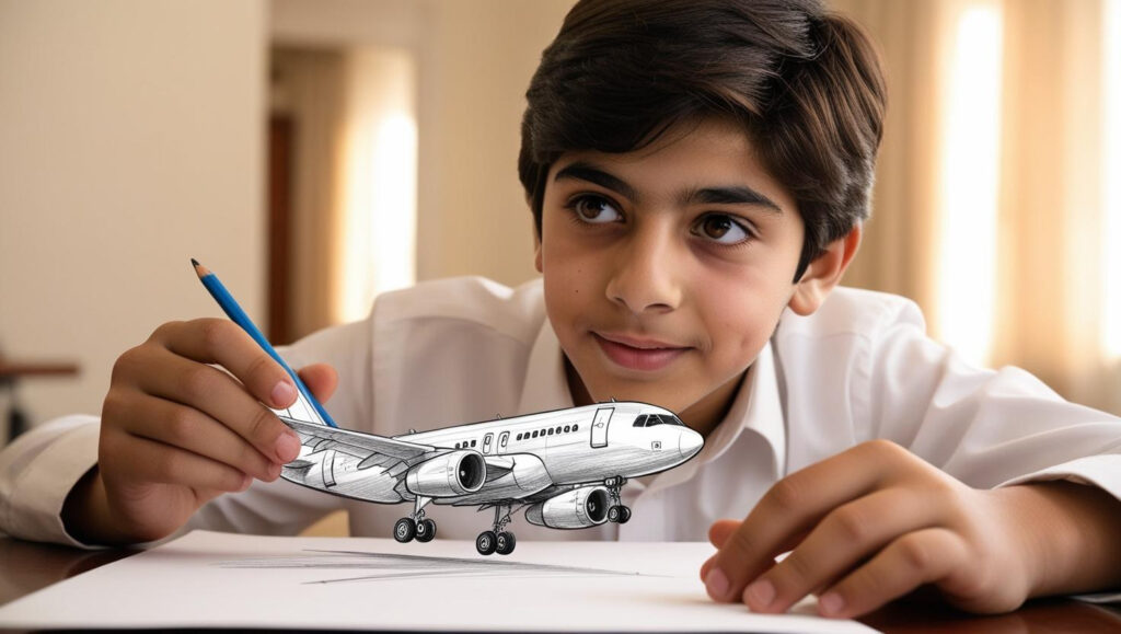 photo arab teenager sketching a design of an airplane on a piece of paper.