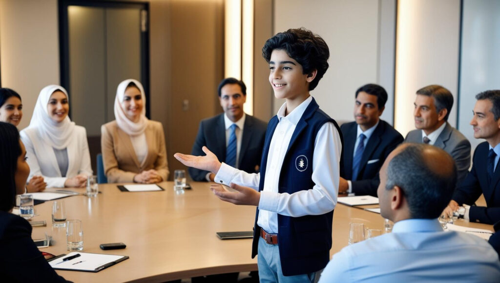 photo for A young teenager arab entrepreneur giving a presentation to a group of investors