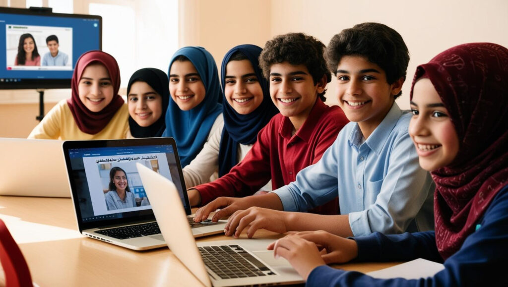 photo of A group of arab teenager students attending an online class via Zoom meeting