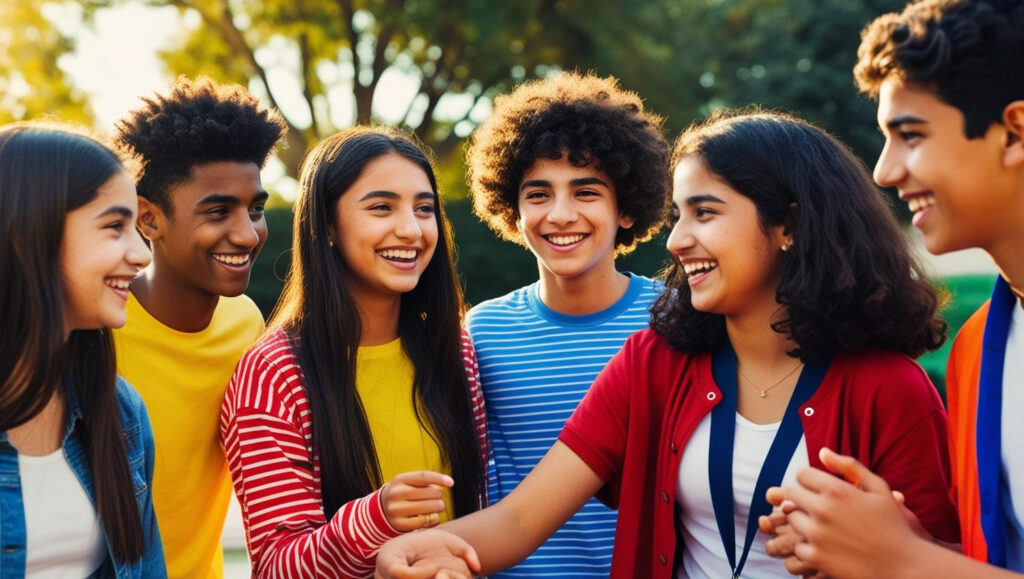 photo of A group of diverse Arab teenagers people smiling and interacting with each other