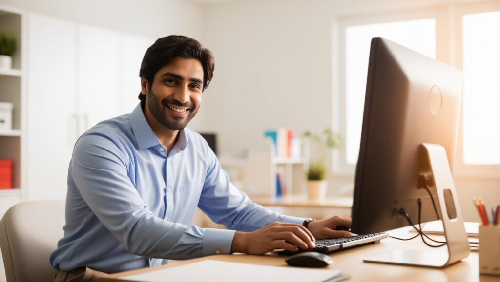 photo of arab teacher using a computer to teach a class online