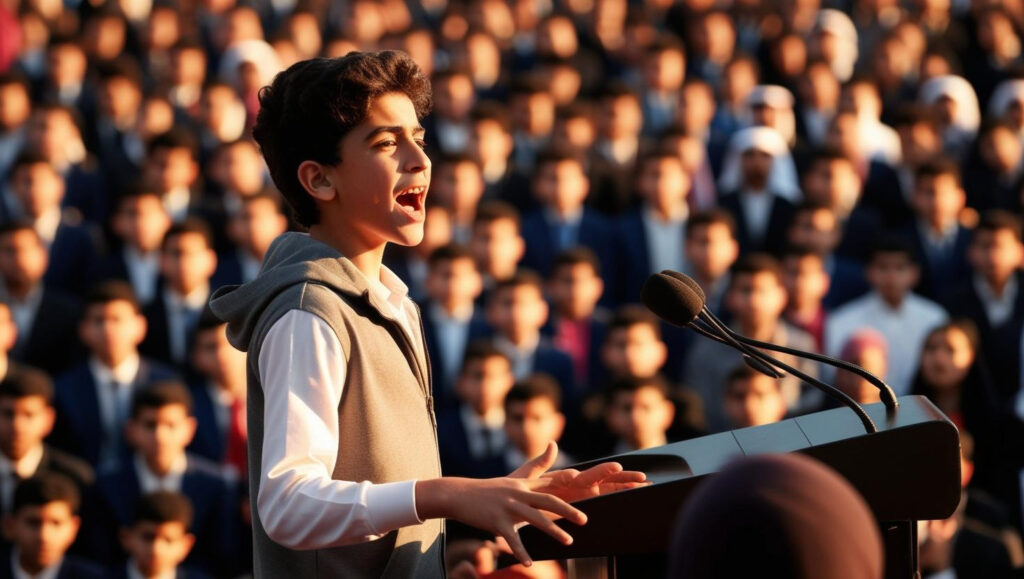 photo of arab teenager giving a speech to a crowd.